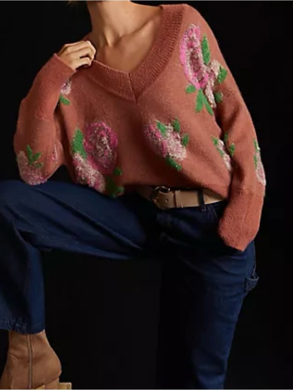 ANTHROPOLOGIE Floral Distressed Wool Blend Sweater Frayed Hem Small